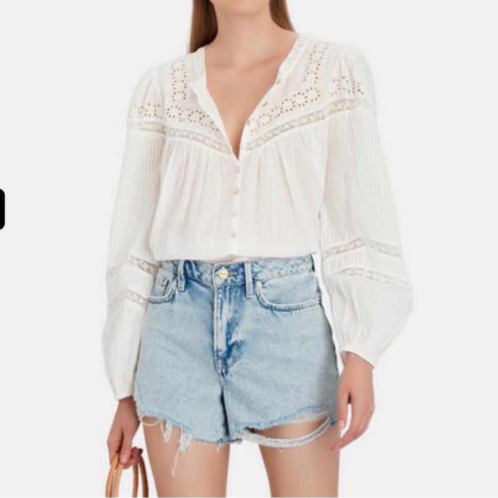 LOVESHACKFANCY Badyn White Lace Trim Eyelet Peasant Pleated Sleeve Blouse XS S